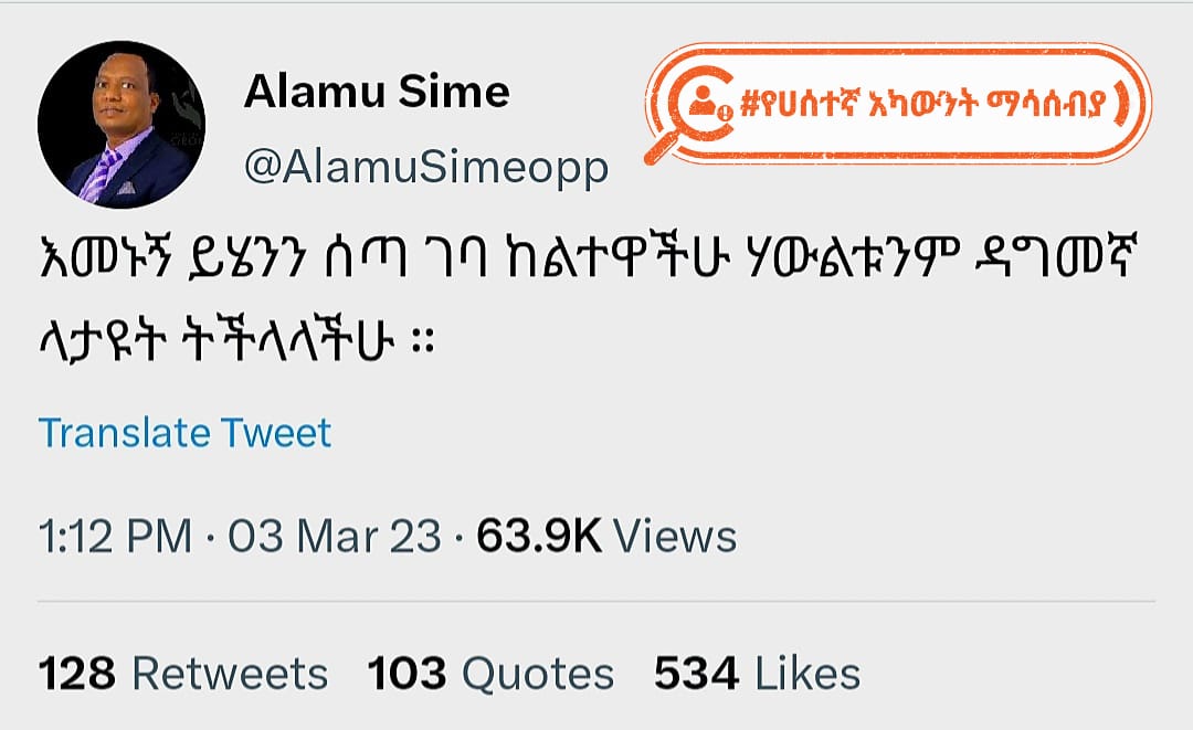 A fake Twitter account with the name and image of Dr. Alemu